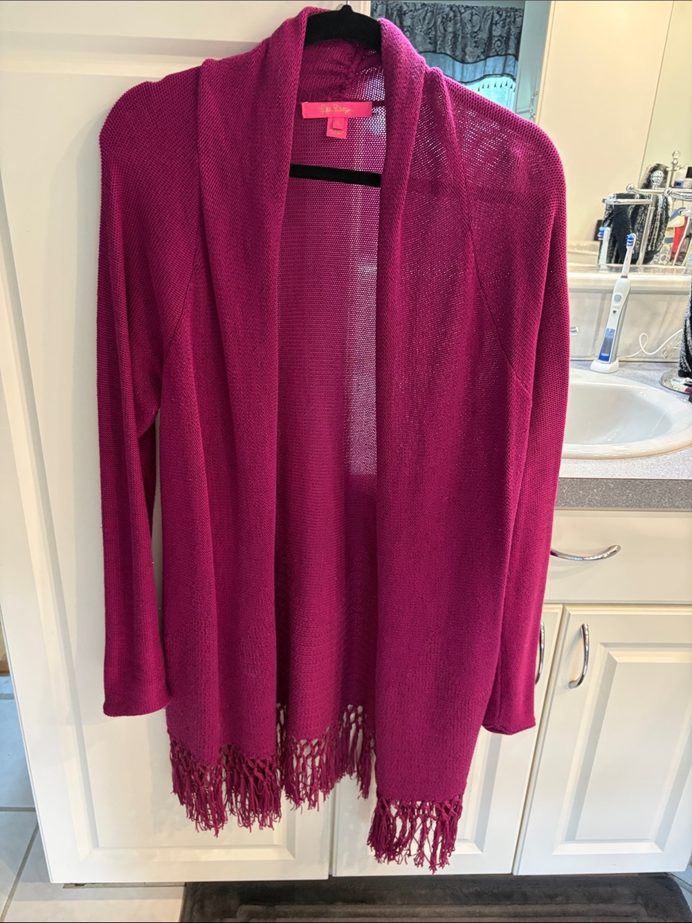 Lily Pulitzer Open-Front Magenta Fringe Sweater Cardigan -